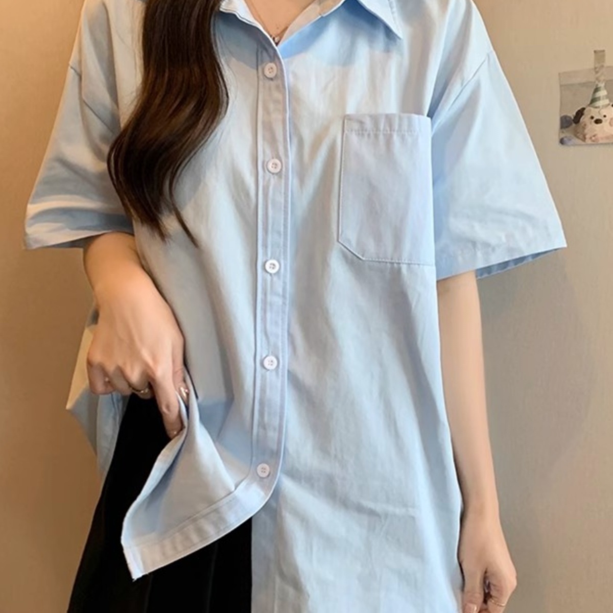 韩版时尚蓝色短袖衬衫女