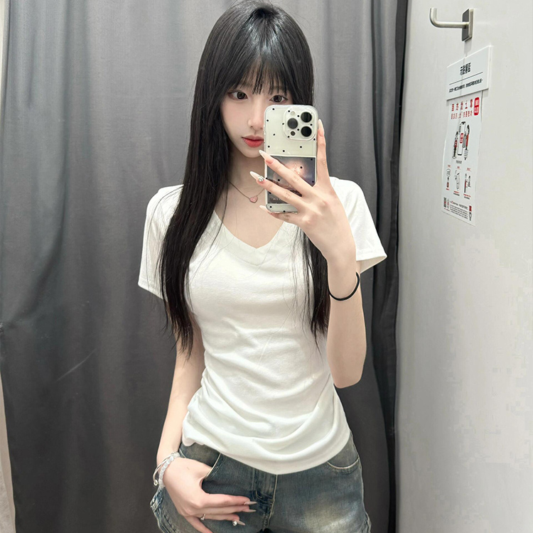 白色v领正肩纯棉短袖t恤女夏季2025新款纯欲辣妹修身短款半袖上衣
