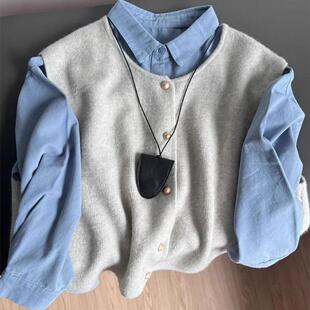 纯棉衬衫春秋穿搭叠穿马甲2025新款韩系高级感蓝色衬衣长袖上衣女