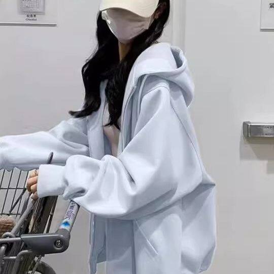 奶蓝色开衫卫衣薄款韩系慵懒风厚春秋连帽衫秋冬新款长袖宽松外套