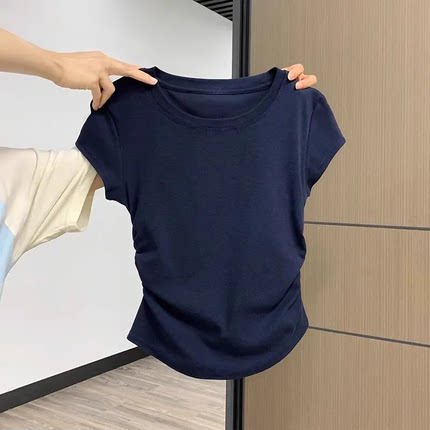 正肩圆领短袖T恤女夏季新款辣妹修身褶皱收腰显瘦百搭纯色ins上衣