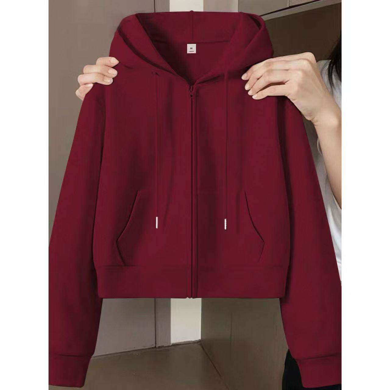 加绒加厚安可拉红连帽卫衣短款外套女小个子宽松百搭显瘦叠穿开衫