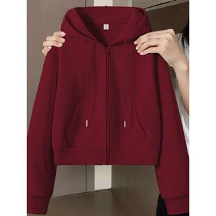 加绒加厚安可拉红连帽卫衣短款外套女小个子宽松百搭显瘦叠穿开衫