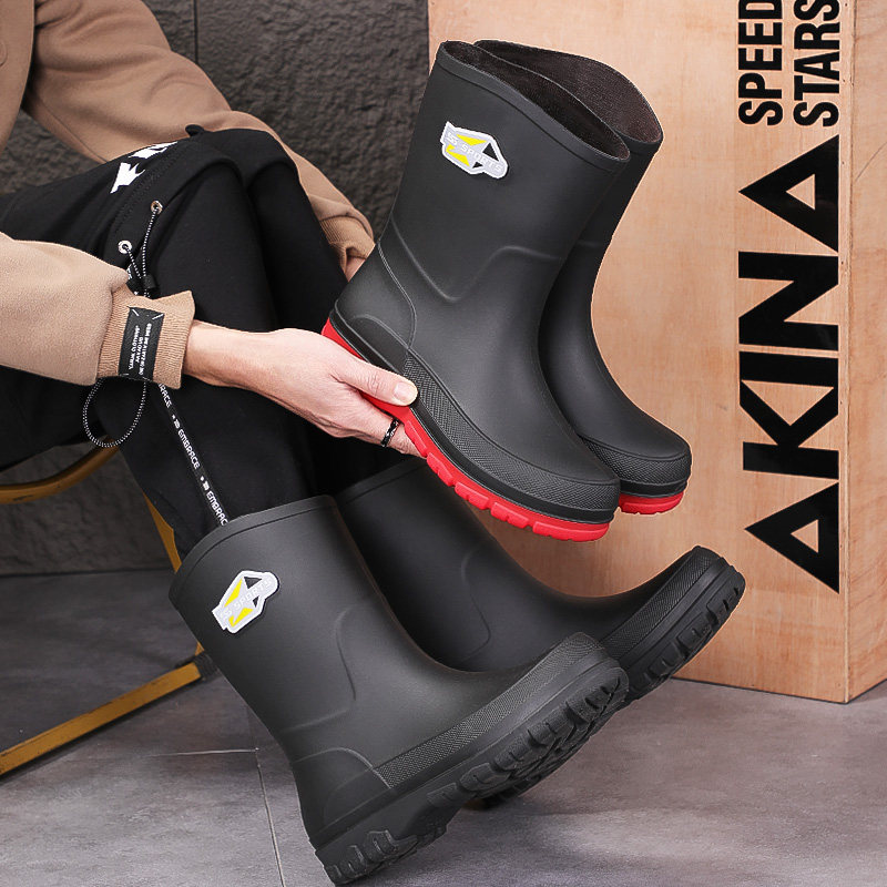 韩版中筒雨鞋束口防风加绒套胶鞋经典黑色男雨靴加厚特大码48水靴