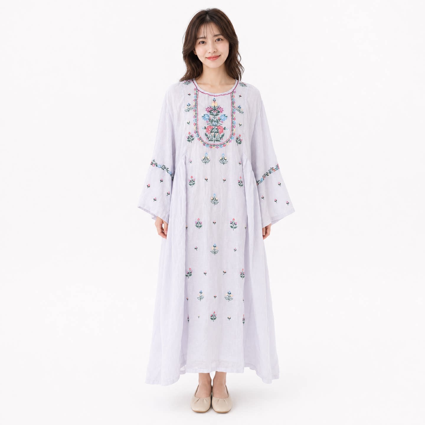 印度进口传统女装棉绸刺绣宽松中连衣裙