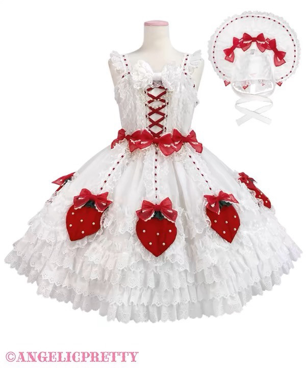 喜欢收藏 草莓王JSK lolita连衣裙草莓蛋糕帽子一套