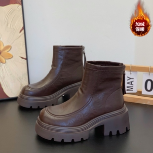 复古英伦厚底切尔西短靴女2025冬季新款小个子增高6cm加绒马丁靴