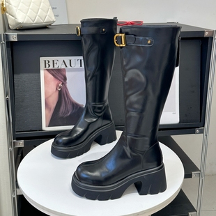 小个子厚底7cm高筒骑士靴女2025新款 秋冬复古百搭显瘦不过膝长靴