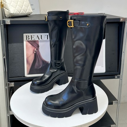 小个子厚底7cm高筒骑士靴女2025新款秋冬复古百搭显瘦不过膝长靴