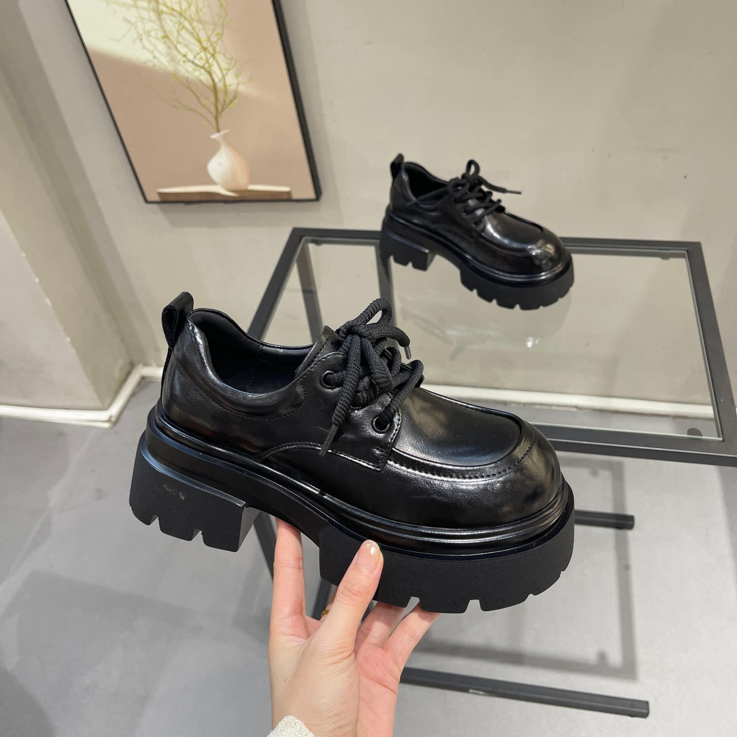 复古黑色显脚小系带英伦风乐福鞋