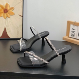 方头细跟7cm气质高跟凉拖鞋 网红仙女风水钻一字拖女2026夏季 新款