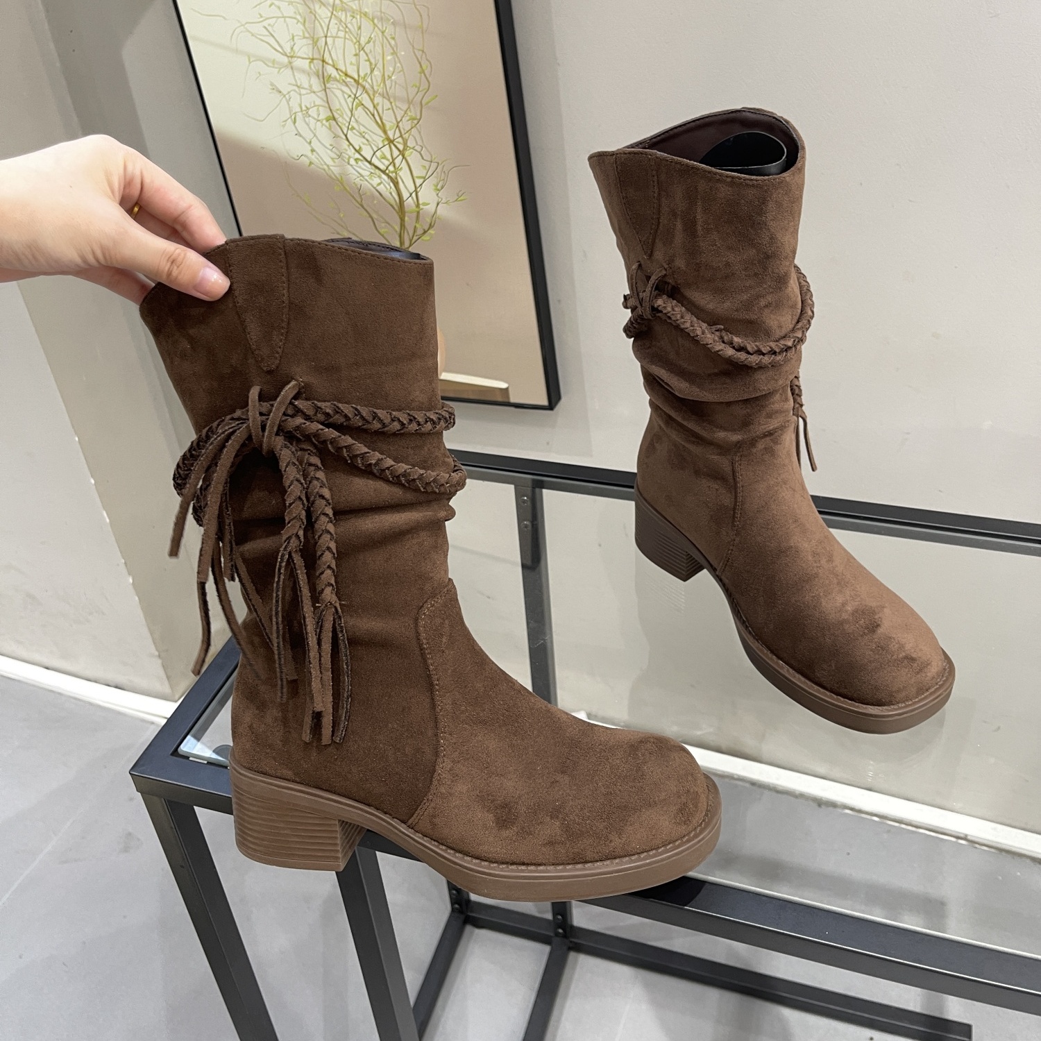 小众设计感复古废土风流苏骑士靴