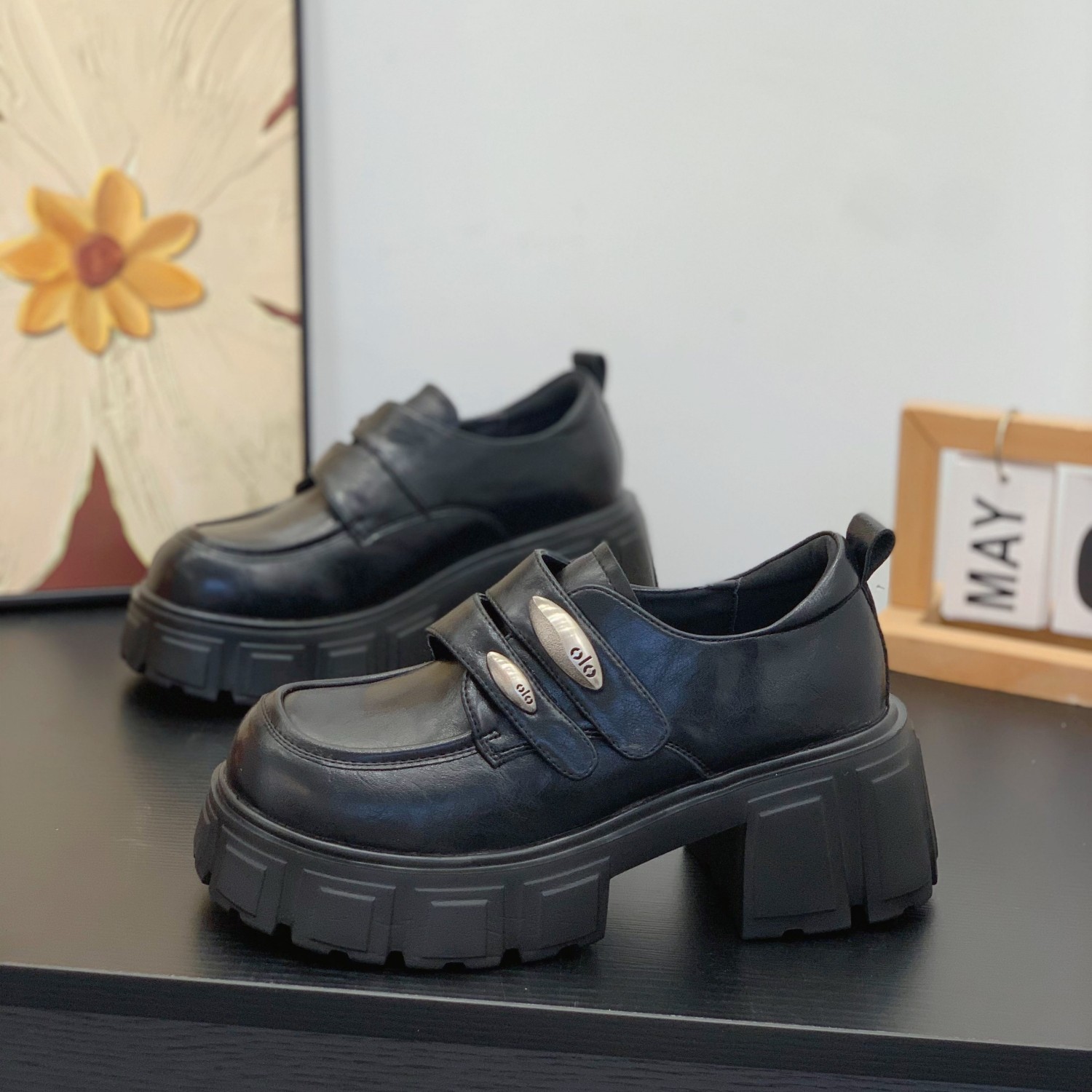 粗跟6CM魔术贴乐福鞋女2025秋冬新款学院风大头单鞋英伦风小皮鞋,女鞋,乐福鞋（豆豆鞋）,淘宝优惠券,粉丝福利购,淘宝优惠卷