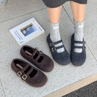 小众高级感软底显脚小单鞋 复古毛呢双扣带玛丽珍鞋 女2025秋冬新款