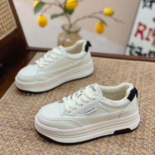 真皮加绒小白鞋女2025新款小个子松糕厚底大头板鞋冬季保暖运动鞋