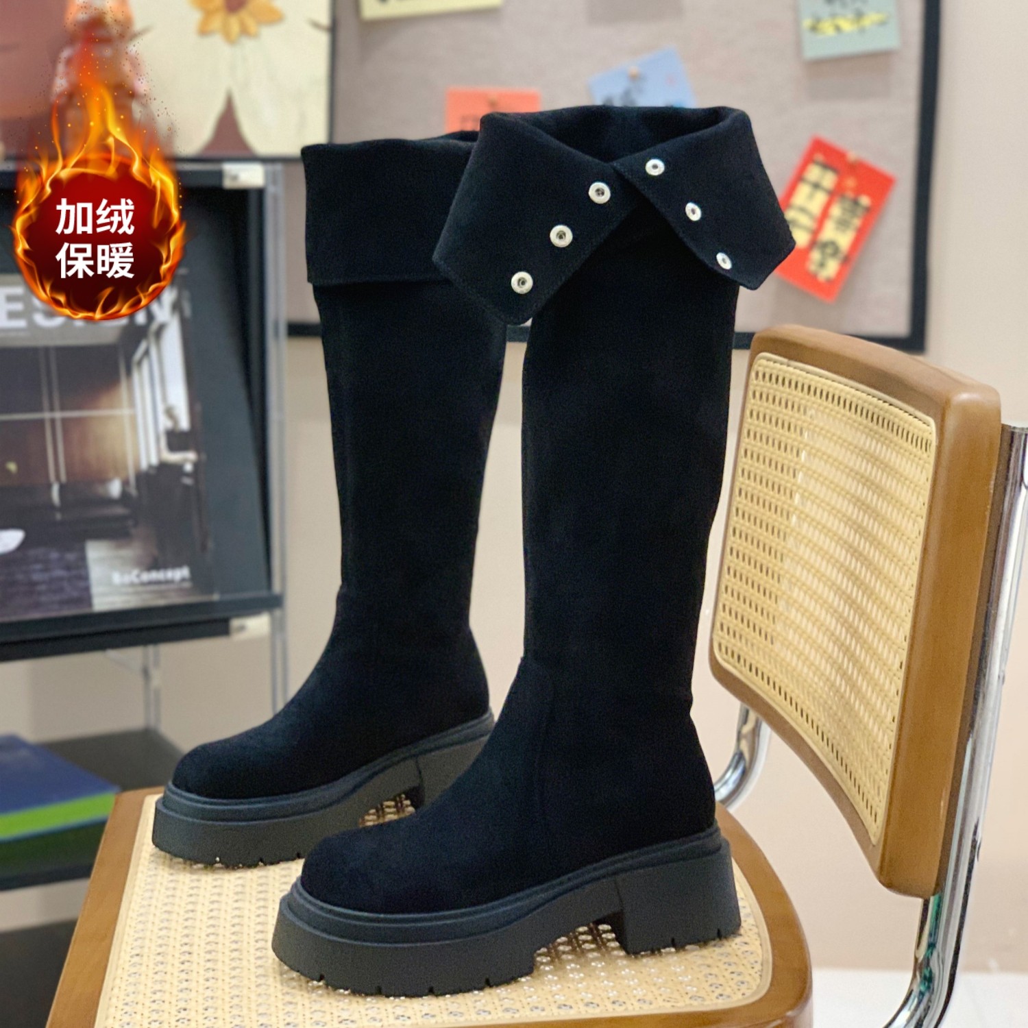 2025冬爆款翻盖两穿过膝长靴小个子女增高6CM复古绒面加绒骑士靴,女鞋,骑士靴,淘宝优惠券,粉丝福利购,淘宝优惠卷