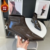 小众复古法式 气质加绒尖头短靴女2025冬季 新款 粗跟短筒弹力瘦瘦靴