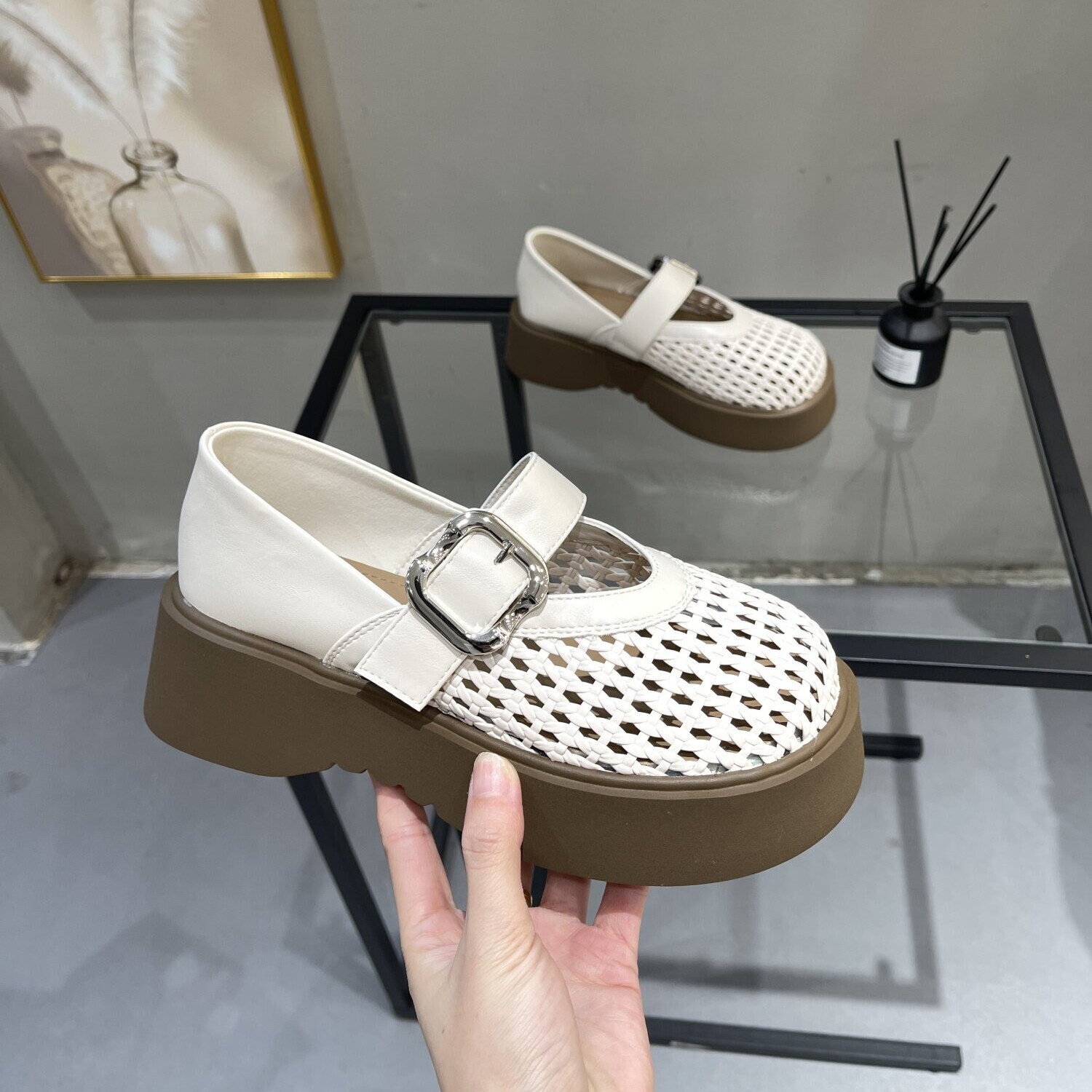 小个子厚底玛丽珍鞋女2026夏季新款复古编织镂空魔术贴两穿乐福鞋