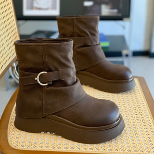 韩版超火裤管靴小个子女松糕厚底擦色短靴2025秋冬爆款大头堆堆靴