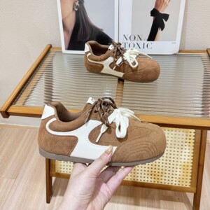 真皮丑萌平底芒果头德训鞋女2025秋季新款复古百搭拼色休闲运动鞋