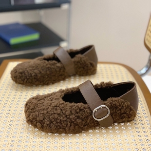 配裙子复古两穿玛丽珍鞋女2025新款冬季加绒毛毛鞋平底外穿勃肯鞋