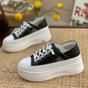 镂空透气休闲鞋 真皮网面小白鞋 内增高7cm两穿板鞋 新款 女2026夏季