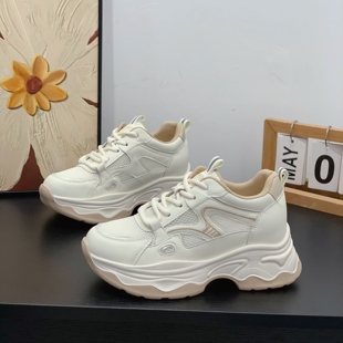 镂空透气单网轻便运动鞋 夏季 女2026新款 超火内增高7cm真皮老爹鞋