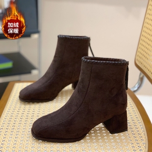 方头绒面高跟短靴女2025新款冬季加绒粗跟瘦瘦靴配裙子气质马丁靴