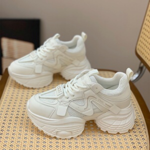 网面透气老爹鞋女2025春季新款百搭增高厚底系带真皮显脚小休闲鞋