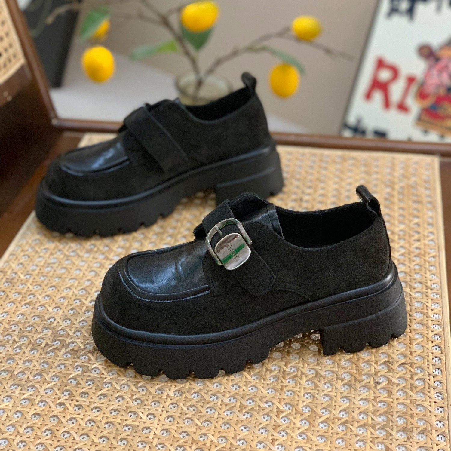 魔术贴增高厚底乐福鞋女2025春秋新款百搭拼接时尚复古一脚蹬单鞋,女鞋,乐福鞋（豆豆鞋）,淘宝优惠券,粉丝福利购,淘宝优惠卷