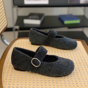 女22025秋冬超火显脚小浅口单鞋 圆头平底爆款 魔术贴玛丽珍毛毛鞋