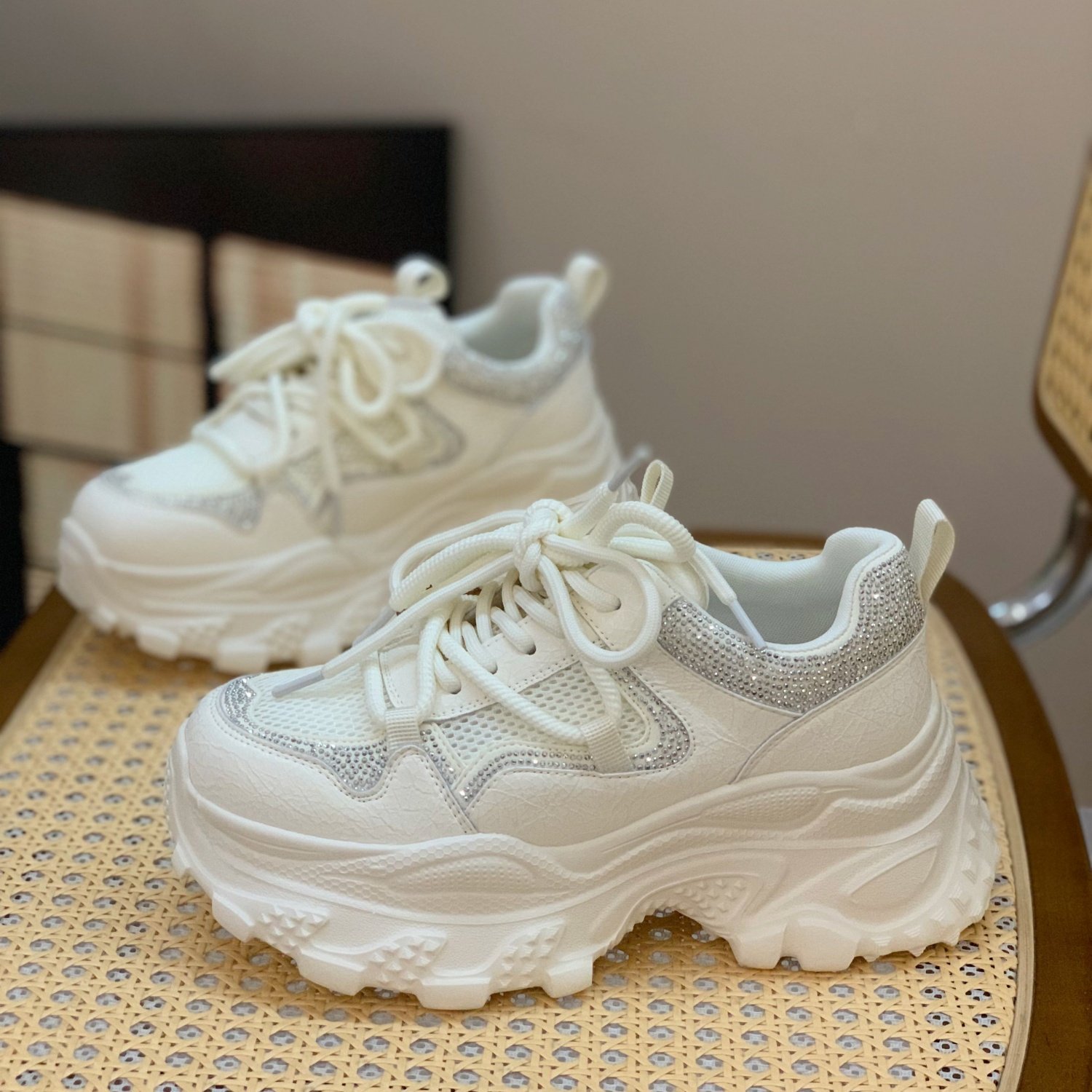 重工水钻真皮网面透气老爹鞋松糕厚底6CM增高运动鞋2025夏季新款,女鞋,老爹鞋,淘宝优惠券,粉丝福利购,淘宝优惠卷