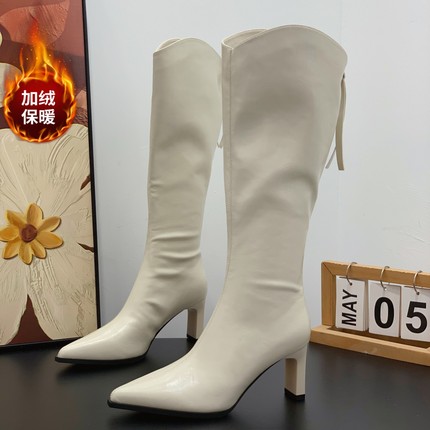 冬季加绒不过膝长筒靴小个子女2025爆款时装靴粗跟7CM尖头骑士靴