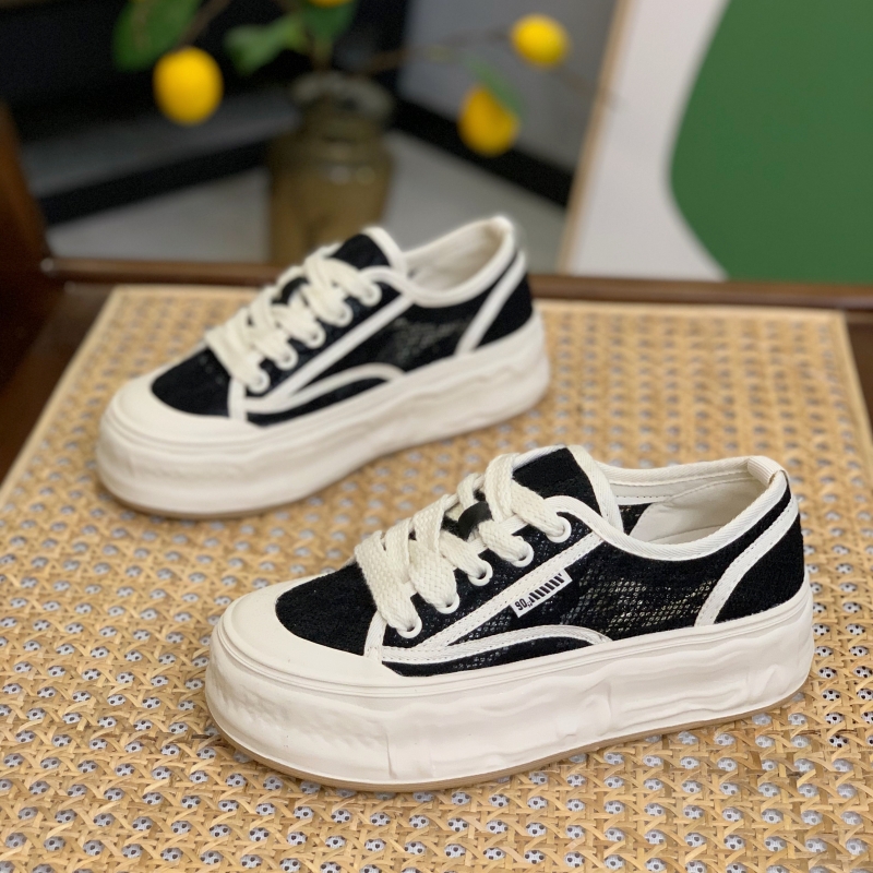 小香风溶解底蕾丝网面帆布鞋板鞋