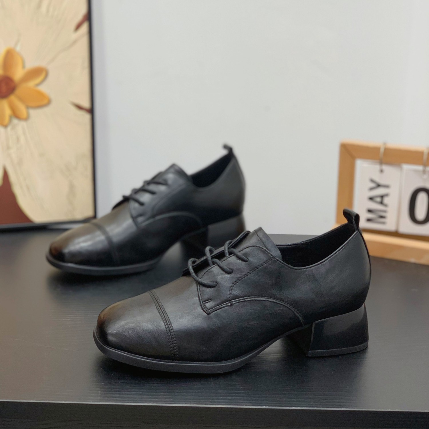 粗跟系带黑色小皮鞋女2026春季新款显脚小复古乐福鞋通勤工作单鞋,女鞋,深口单鞋,淘宝优惠券,粉丝福利购,淘宝优惠卷