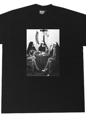 bboy宽松街头old school重磅hiphop修女印花美式小领口短袖T恤