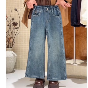 年款女童2025冬季加绒烫钻闪亮牛仔裤子直筒喇叭裤洋气深色超软潮