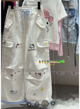 春季2026 女童kitty猫印花工装裤休闲裤子直筒裤白色宽松长裤洋气