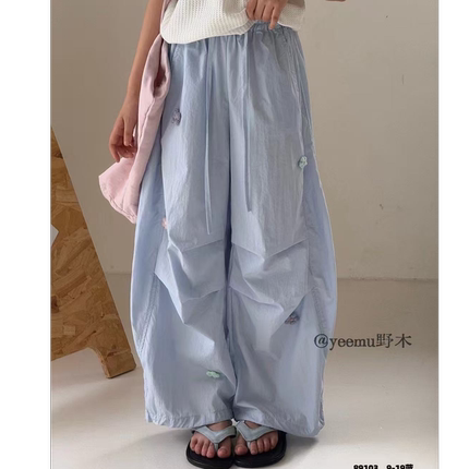 韩国女童 重工 刺绣小花褶皱弯刀裤休闲裤 宽松工装裤潮夏薄 柔软