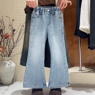 年款女童2025冬季加绒烫钻闪亮牛仔裤子喇叭裤洋气浅色超软潮