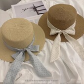 法式 赫本风波点蝴蝶结平顶草帽子女夏季 海边度假平沿草编遮阳帽女