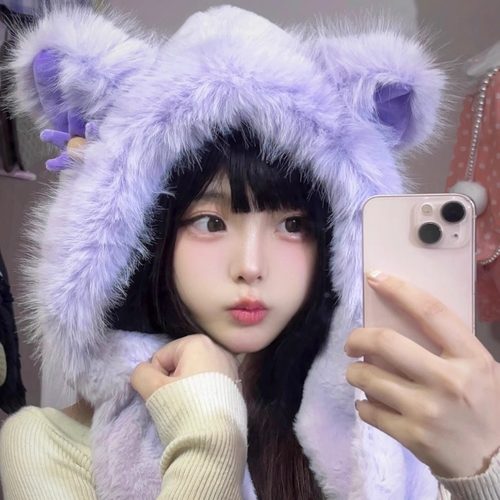 可爱小花朵毛绒帽子围巾手套一体女秋冬季保暖骑车防风三件套学生