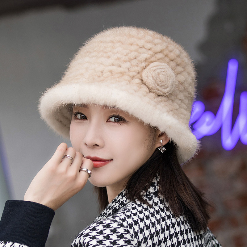 水貂毛帽子女秋冬保暖时尚百搭护耳礼帽皮草中老年貂绒盆帽渔夫帽