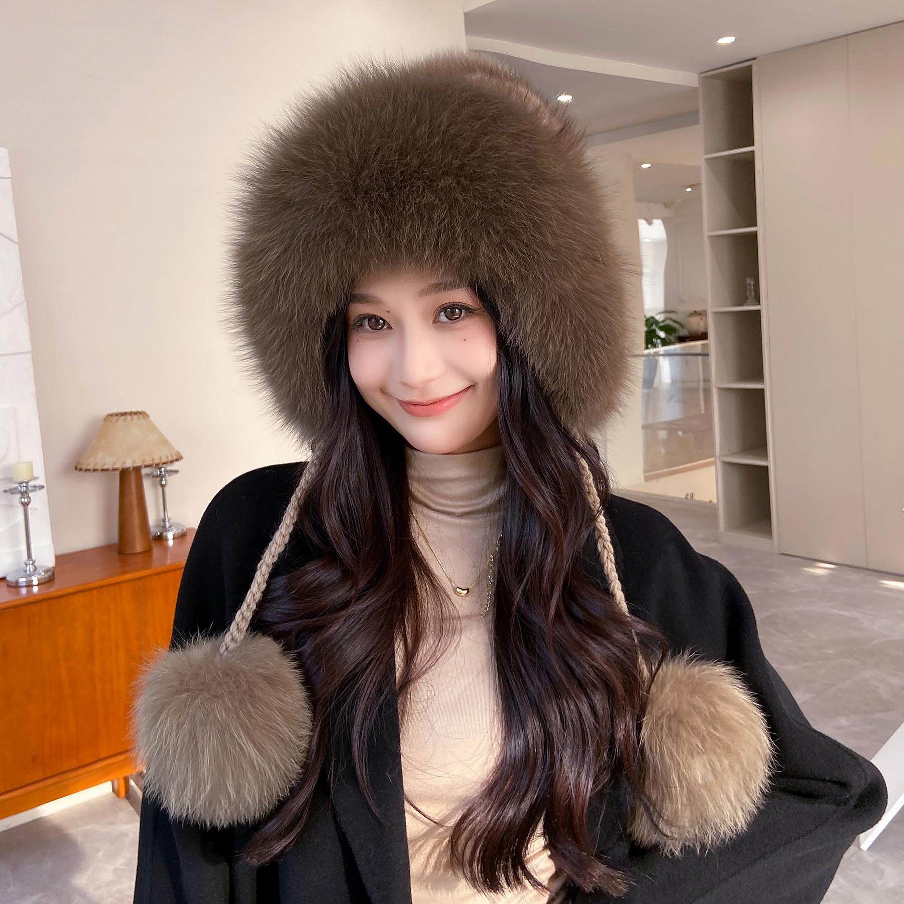 紫貂毛帽子女冬季保暖护耳皮草雷锋帽韩版水貂皮狐狸毛毛球包头帽