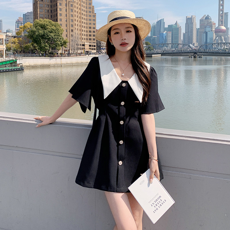 法式复古连衣裙女夏新款气质小个子高级感收腰显瘦a字小黑裙短裙图片