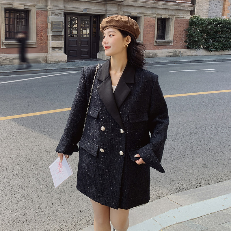 黑色小香风西装外套女2025春秋新款高级感大码双排扣气质休闲西服,女装西装,浙宝088