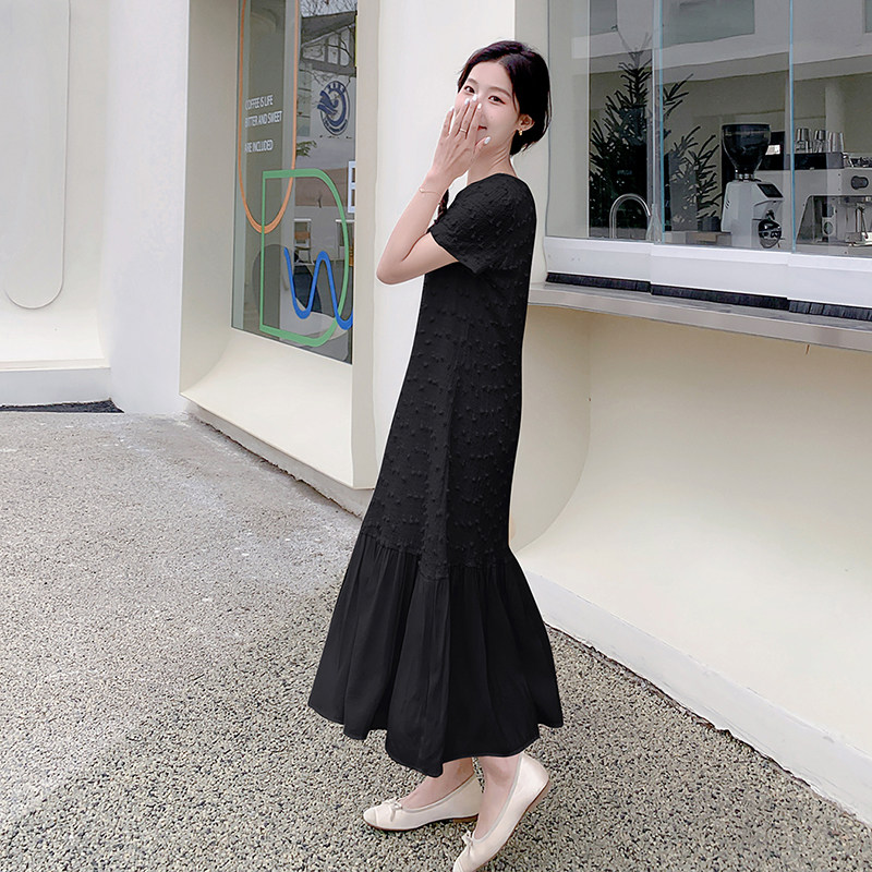 法式气质白色圆领连衣裙女夏2025新款高级感宽松直筒长款鱼尾裙子,女装连衣裙,浙宝088