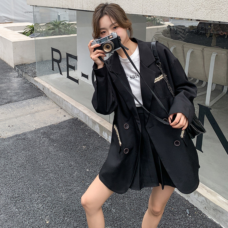 黑色西装套装女2025年春秋新款休闲显瘦韩版西服外套套装两件套潮,女装套装/套裙,浙宝088
