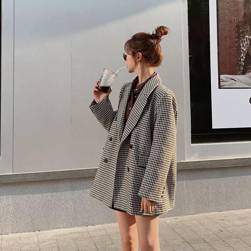 现货X805 P105K168 格子双排扣小西装外套女春秋季新加图片