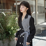 法式高级感拼接黑色西装连衣裙女春秋2025新款收腰显瘦长款a字裙，女装连衣裙，浙宝088